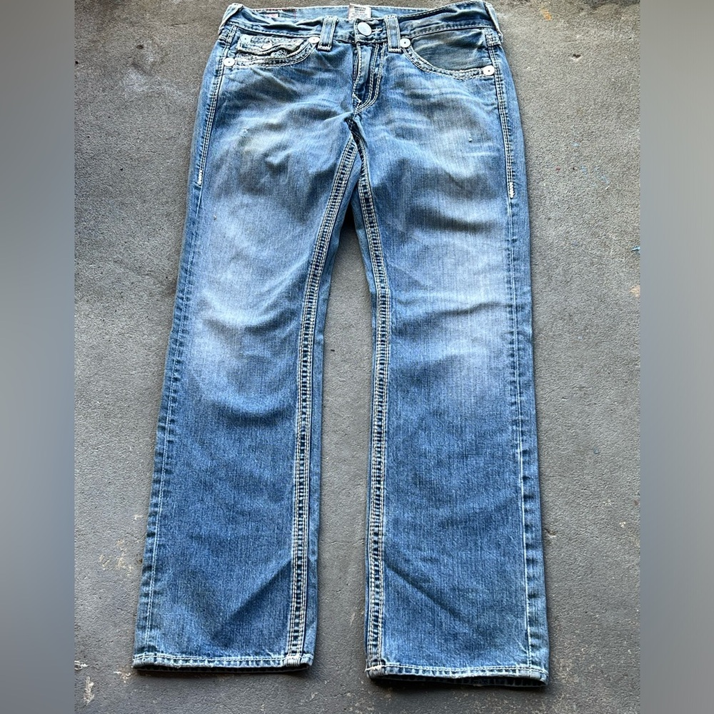True Religion Jeans Men’s 32 Blue Denim Ricky Big QT Chunky Stitch USA Y2K